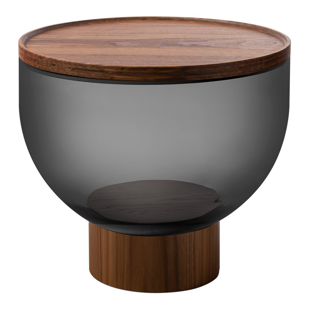 Smoky gray glass base with a dark wooden top and round brown pedestal, creating a modern, elegant design.