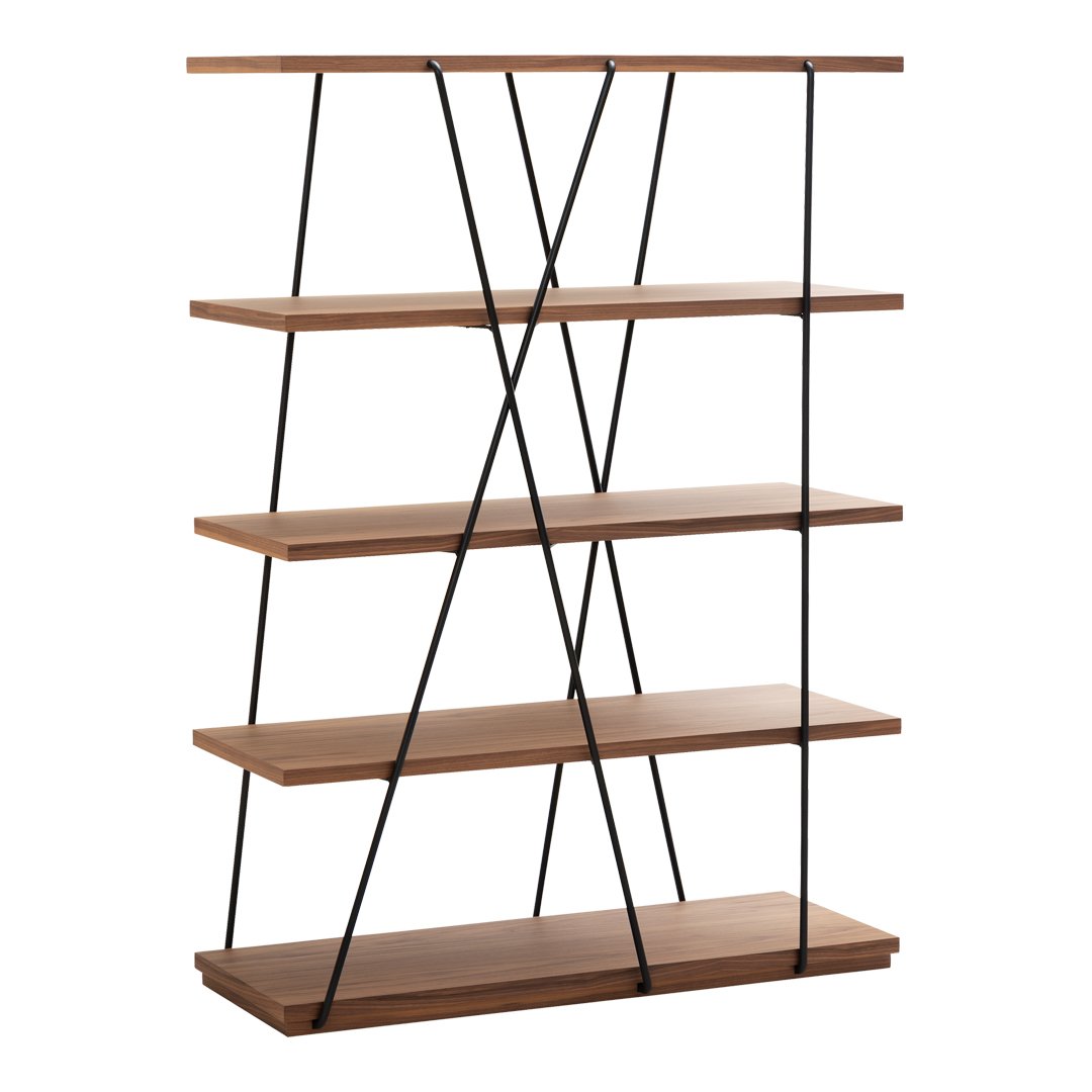 "Acacia wood bookshelf with a warm brown finish and sleek black metal accents in a modern geometric pattern."