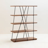 Modern five-tier wooden shelving unit with a rich brown finish and sleek black metal accents. Stylish geometric design.
