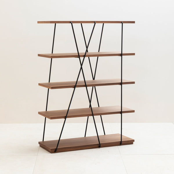Modern five-tier wooden shelving unit with a rich brown finish and sleek black metal accents. Stylish geometric design.