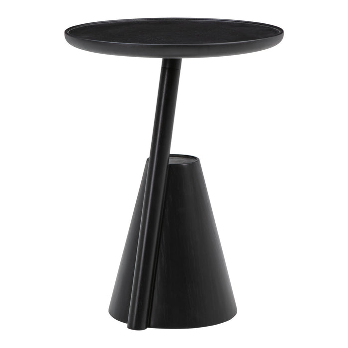Black geometric side table with a conical base and round top, showcasing a sleek, modern design.