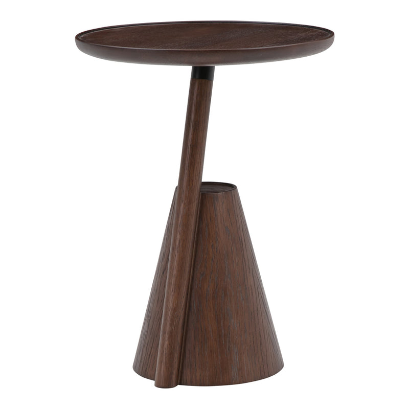 Modern brown wooden side table with a smooth circular top and conical base. Elegant, minimalist design.