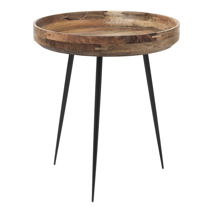 Round wooden tray table with natural brown finish and sleek black metal legs. Minimalist design with earthy tones.