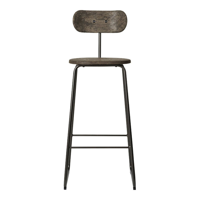 Rustic wooden bar stool with a dark wood finish and industrial black metal legs, featuring a simple, minimalist design.