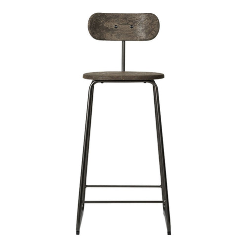 Rustic gray wooden stool with a sleek black metal frame, featuring a minimalist design and simple lines.