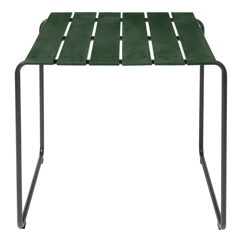 Green slatted top table with black metal frame, perfect for outdoor or indoor use.