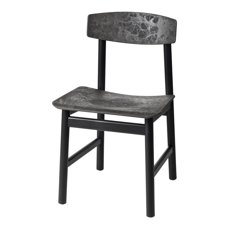 Black and gray modern chair with a textured marble-patterned seat and backrest. Minimalist design for contemporary spaces.
