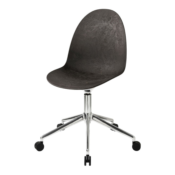 Gray textured seat on a chrome swivel base, featuring smooth lines and a modern design. Perfect for any workspace.
