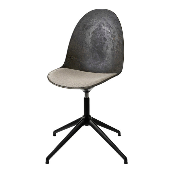 Modern black chair with a textured gray seat and smooth light-colored cushion, featuring a sleek design and minimalist style.