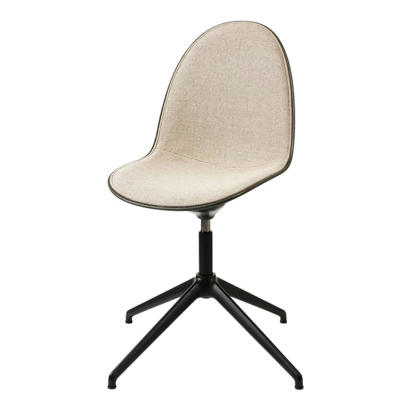 Beige upholstered chair with a smooth, rounded back and black metal base, perfect for modern decor.