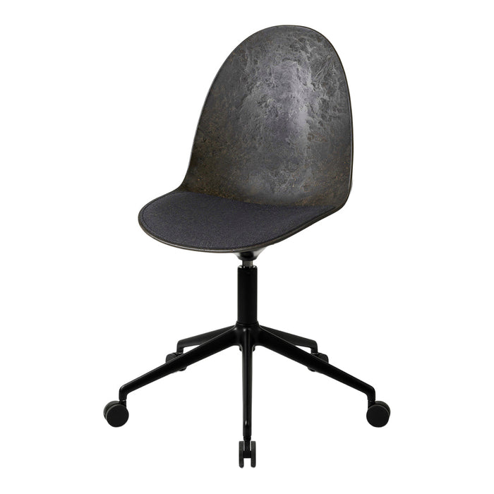 Sleek black swivel chair with a textured gray seat and minimalist design, perfect for modern workspaces.