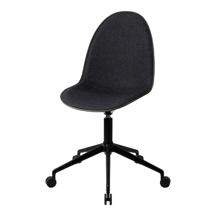 Black upholstered desk chair with a sleek, modern design and minimalist pattern on a swivel base.