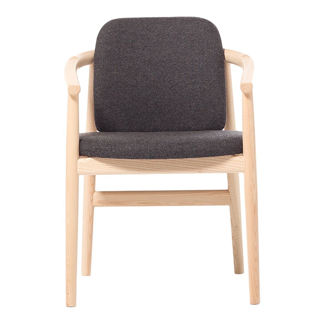 Stylish gray upholstered chair with a light wood frame, featuring a clean, modern design and smooth lines.