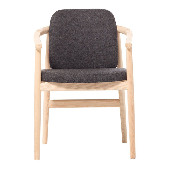 Stylish gray upholstered chair with a light wood frame, featuring a clean, modern design and smooth lines.