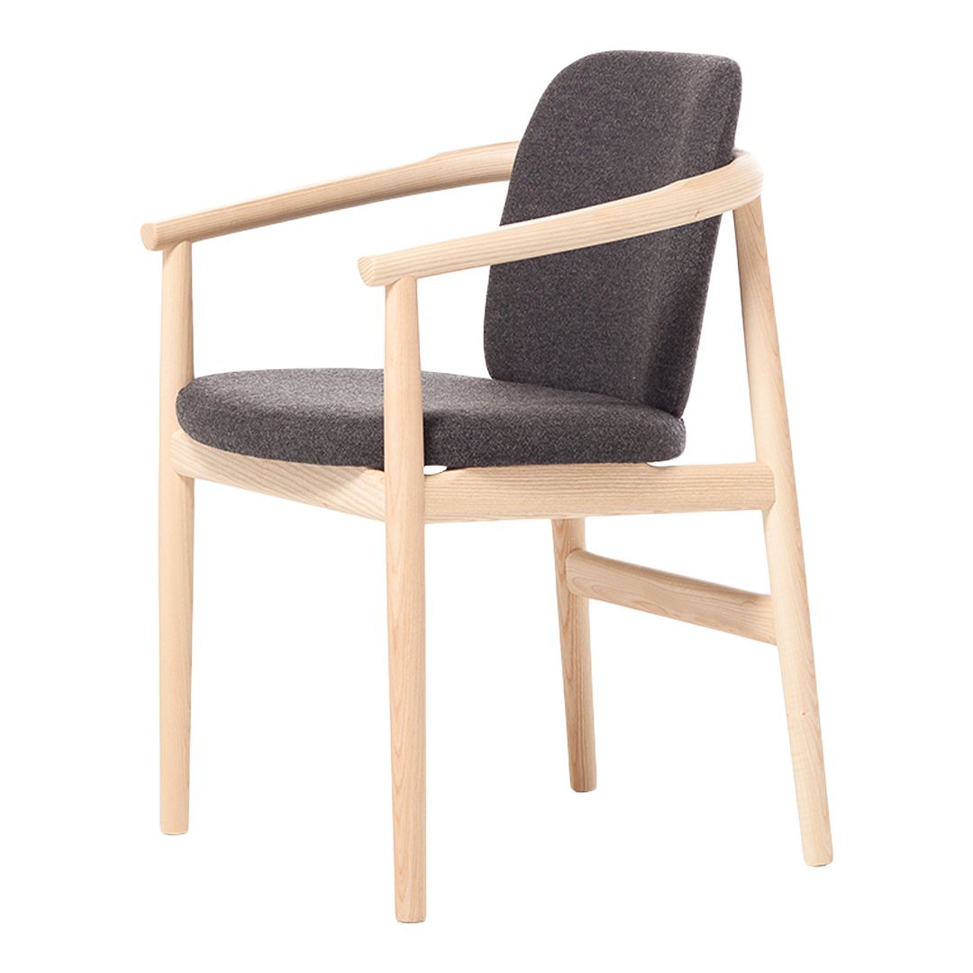Gray upholstered chair with light wood accents and minimalist design, perfect for modern or Scandinavian decor.