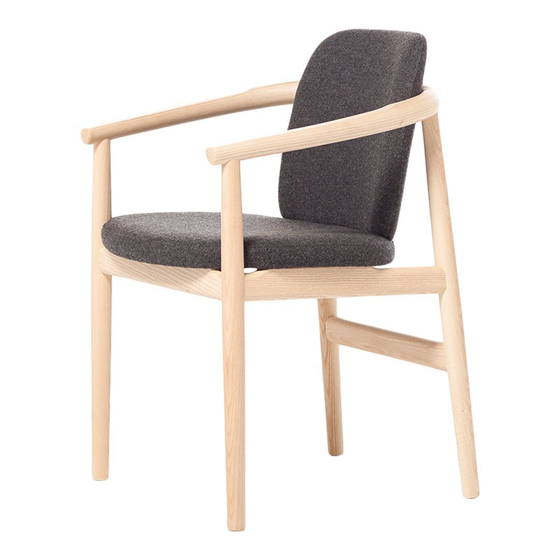 Gray upholstered chair with light wood accents and minimalist design, perfect for modern or Scandinavian decor.