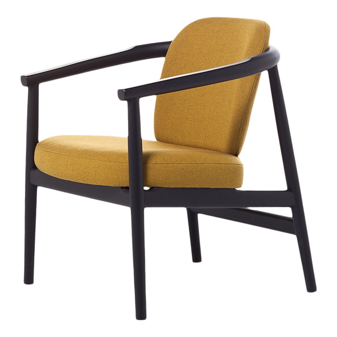 Stylish yellow upholstered chair with a sleek black wooden frame, perfect for modern decor.