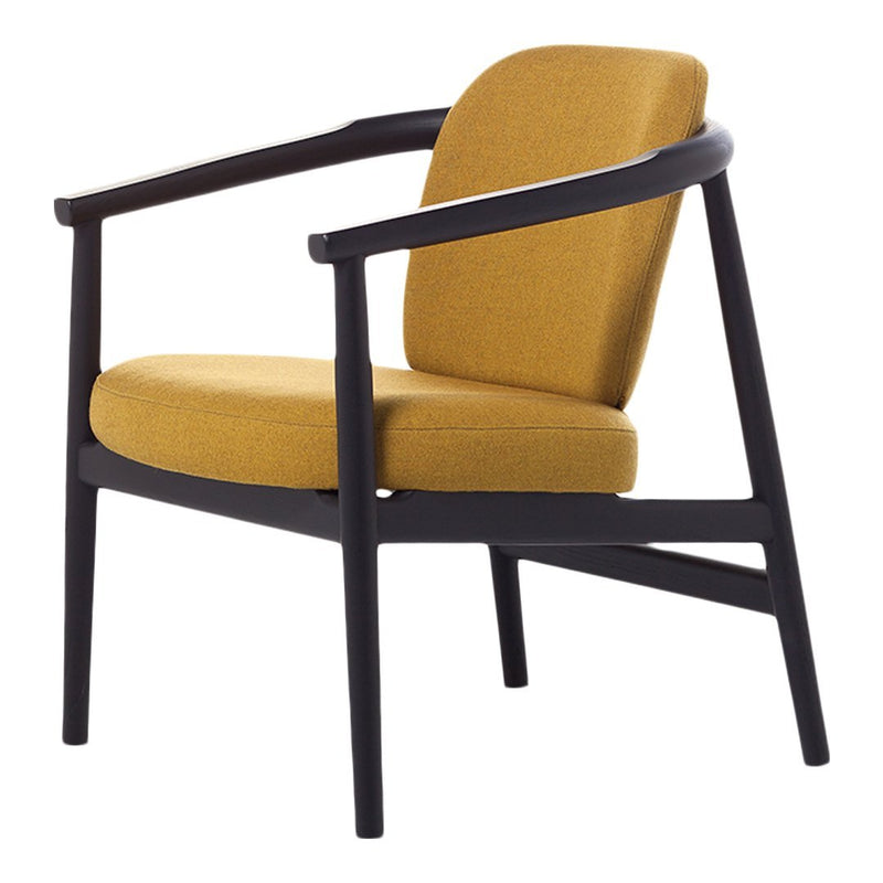 Stylish yellow upholstered chair with a sleek black wooden frame, perfect for modern decor.