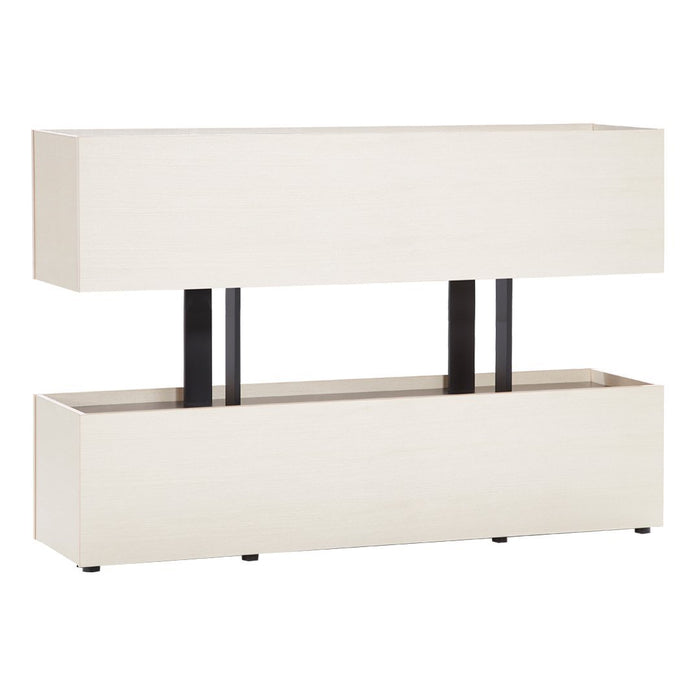 Modern white wooden console table with sleek black metal accents and minimalist design. Perfect for stylish storage.