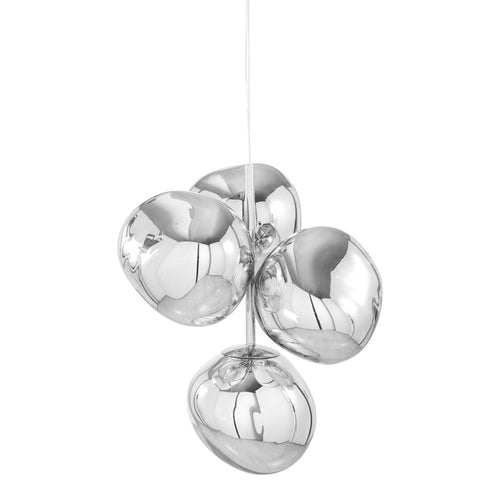 Polished silver pendant light featuring rounded shapes and reflective surfaces, perfect for modern decor.