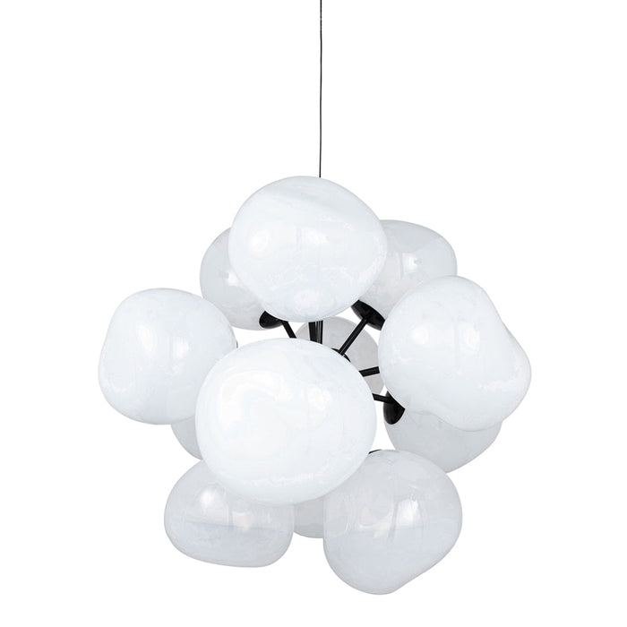 Modern white pendant lamp with glossy, rounded glass globes and a sleek black frame. Perfect for contemporary decor.