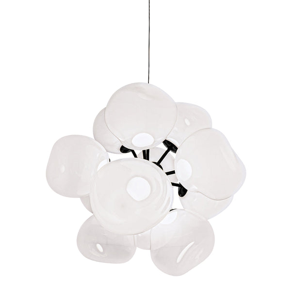 Stylish white floral pendant light with smooth, glossy petals and a modern black center. Perfect for contemporary decor.