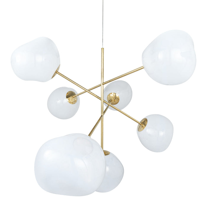 White globe pendant chandelier with a sleek gold metal frame and a modern, minimalist design. Perfect for contemporary decor.
