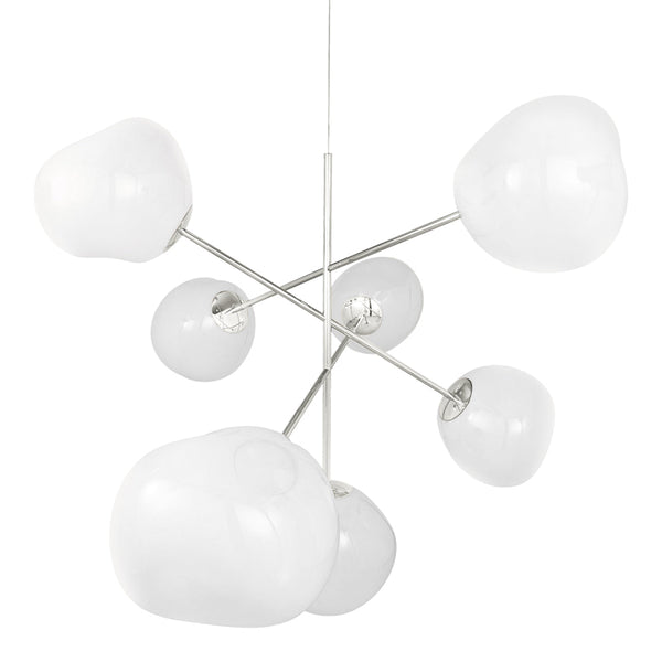 White organic-shaped glass pendant light with a sleek silver metal frame and minimalistic design. Modern decor accent.