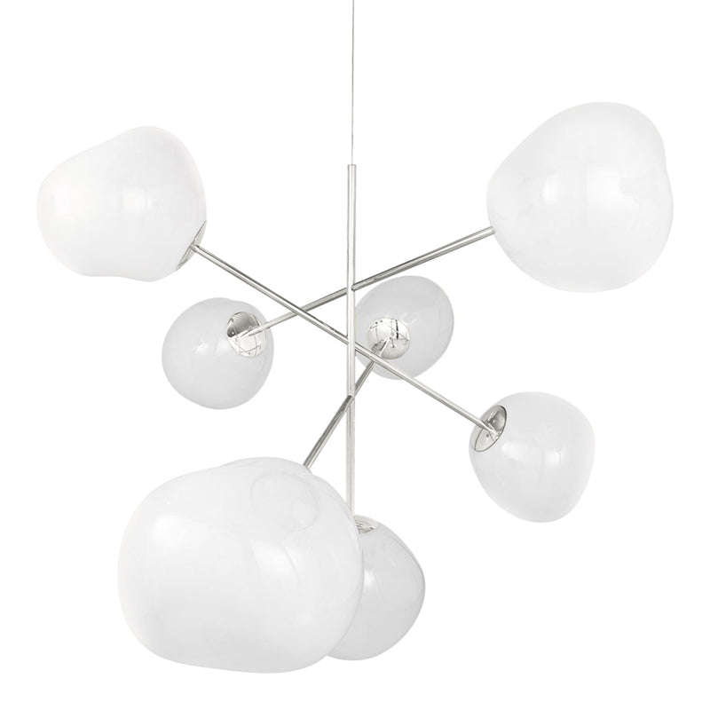 White organic-shaped glass pendant light with a sleek silver metal frame and minimalistic design. Modern decor accent.