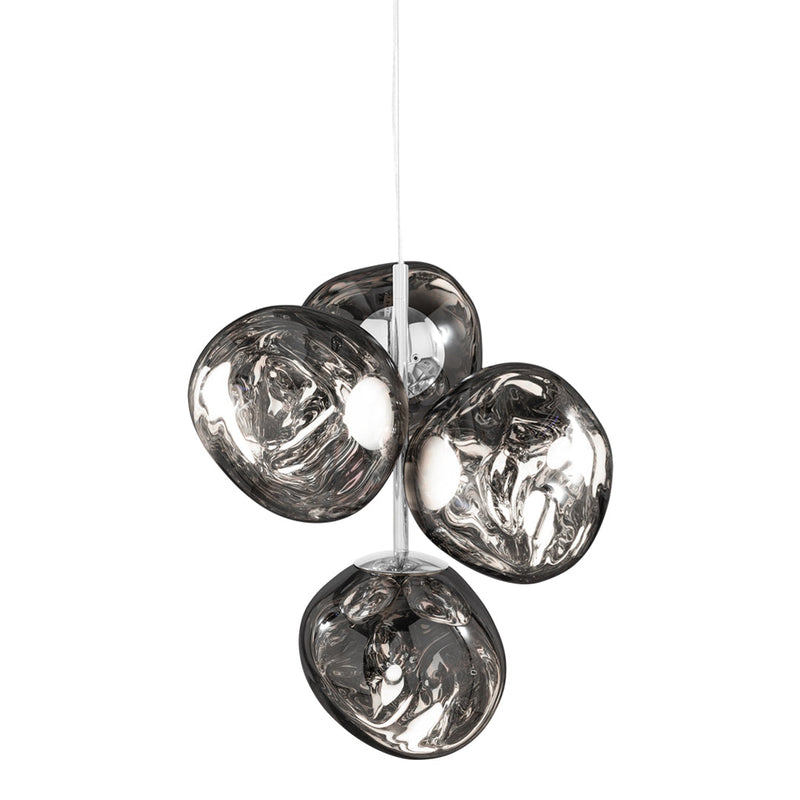 Stylish pendant light with a sleek, metallic silver finish and organic, textured shapes for modern decor.