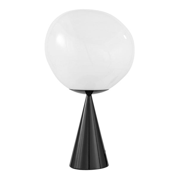 Modern table lamp featuring a sleek black cone base and a glossy white spherical shade. Perfect for contemporary decor.