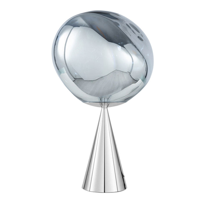 Silver metallic lamp with a smooth spherical shade and a conical base, reflecting light beautifully.