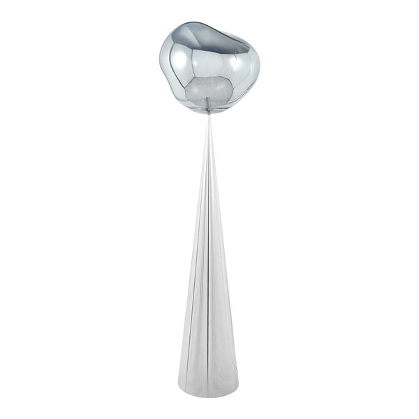 Sleek silver lamp with a bulbous top and a tapered white base, featuring a modern minimalist design.