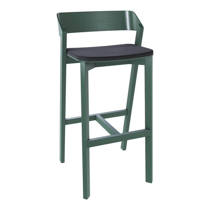 Green metal bar stool with a contrasting black seat, featuring a modern minimalist design and clean lines.