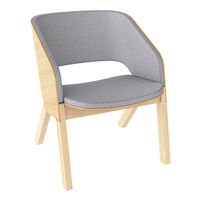 Modern chair featuring a light wood frame and soft gray upholstery with a smooth texture. Ideal for minimalist decor.