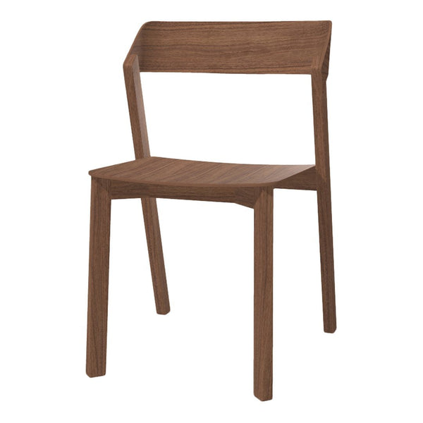 "Modern wooden chair in a rich walnut finish, featuring a sleek, minimalist design with clean lines."