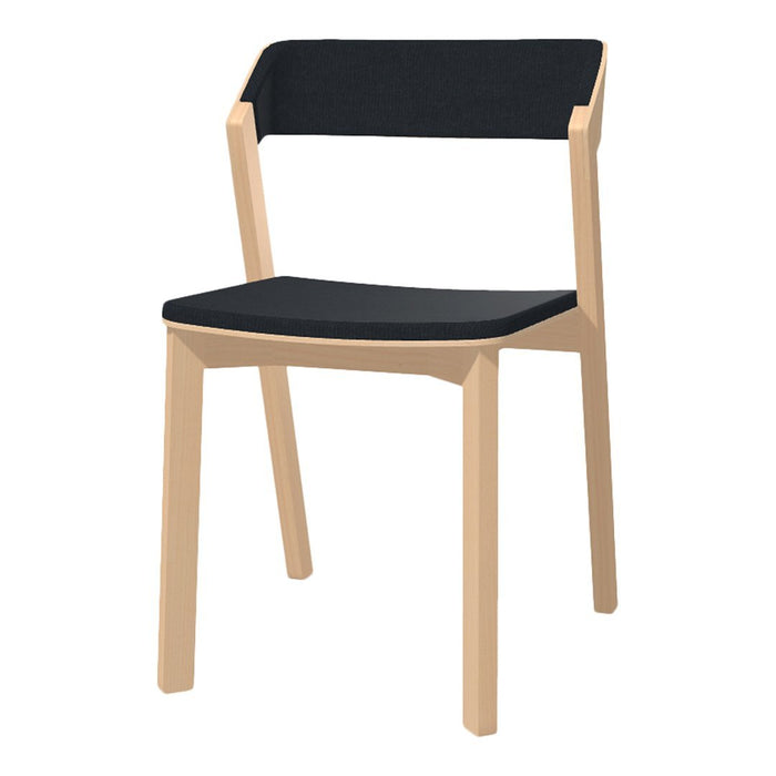 Black upholstered chair with a light natural wood frame, featuring a minimalist design and clean lines.