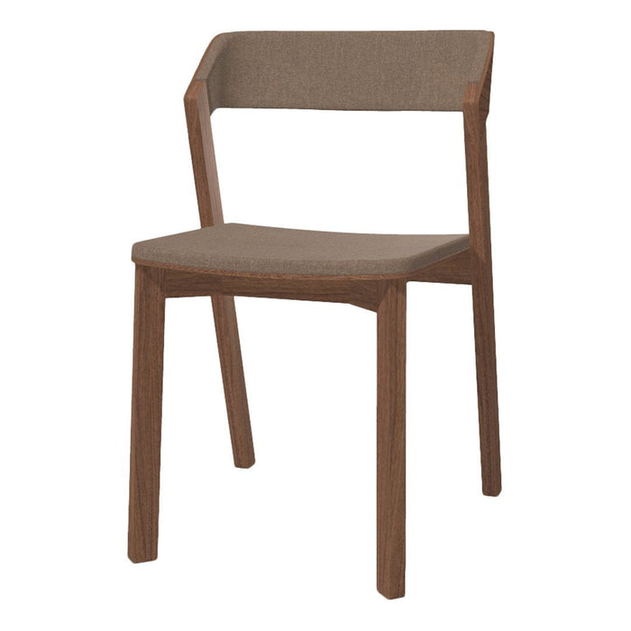 Simple brown dining chair with a textured fabric seat and backrest, complemented by a wooden frame.