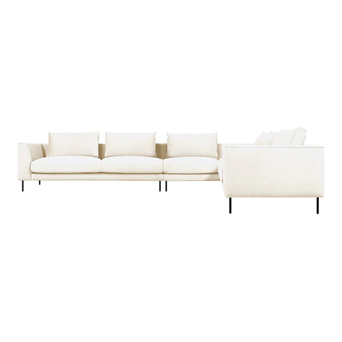 "Modern white sofa with clean lines and plush cushions, featuring a minimalist design for a contemporary look."