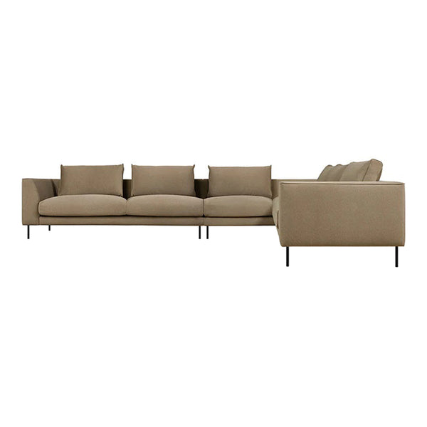 Beige modern sectional sofa with plush cushions and sleek black metal legs, featuring a minimalist design.