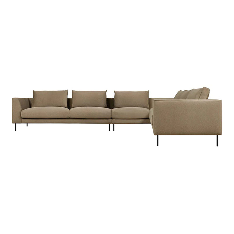 Beige modern sectional sofa with plush cushions and sleek black metal legs, featuring a minimalist design.