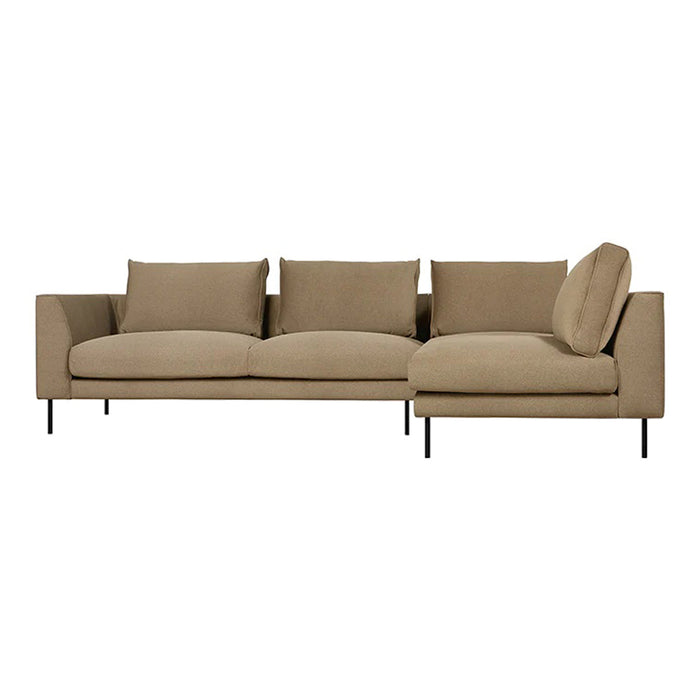 Modern sofa in warm beige with a smooth, textured fabric and minimalist design, featuring black metal legs.