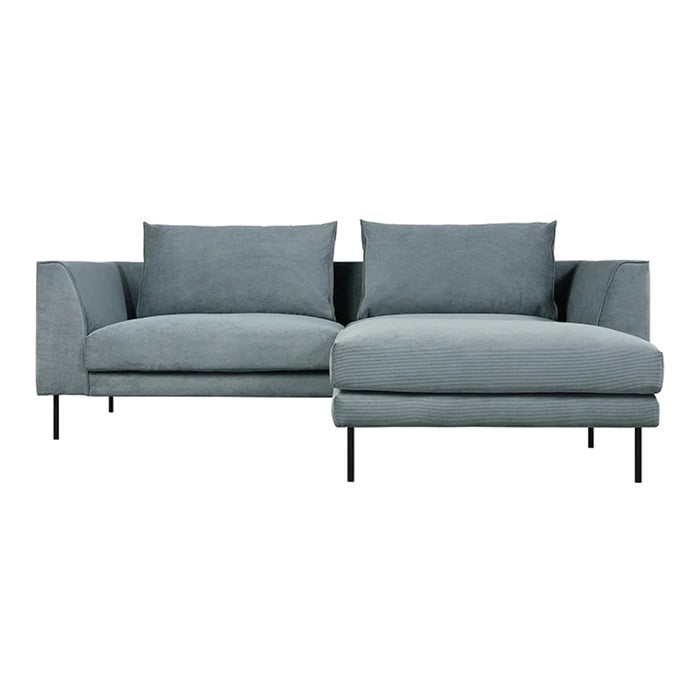 Light gray sectional sofa with soft upholstery and sleek black legs. Modern design with simple, clean lines.
