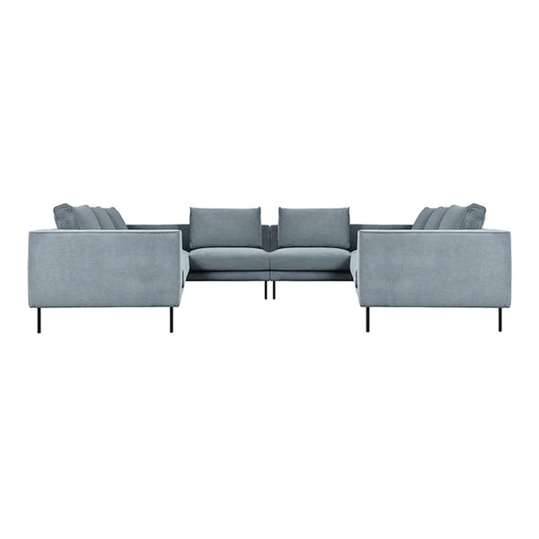 Luxe light blue sectional sofa with smooth fabric and sleek black legs, featuring a modern minimalist design.