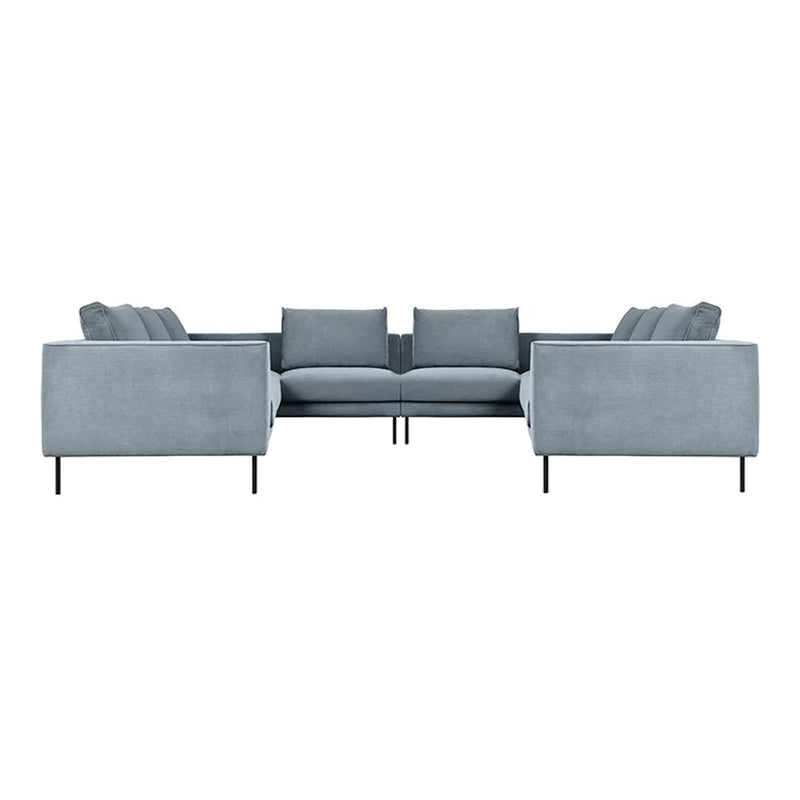 Luxe light blue sectional sofa with smooth fabric and sleek black legs, featuring a modern minimalist design.