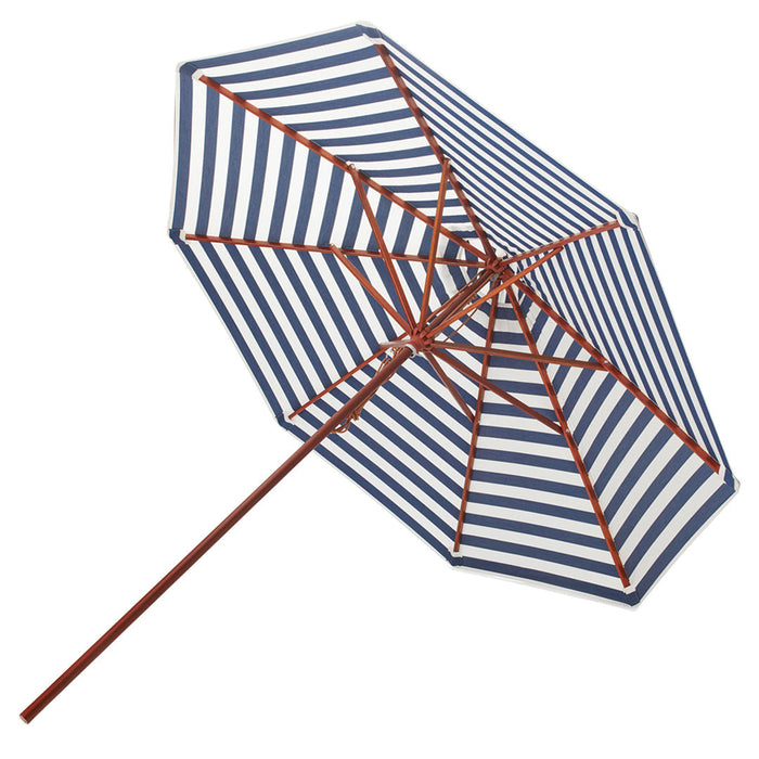 Blue and white striped umbrella with a brown wooden frame, perfect for sunny days and outdoor gatherings.
