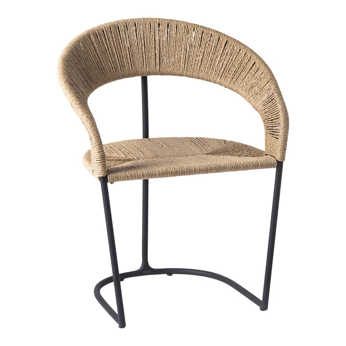 Natural woven beige chair with a sleek black metal frame, featuring a contemporary curved design.