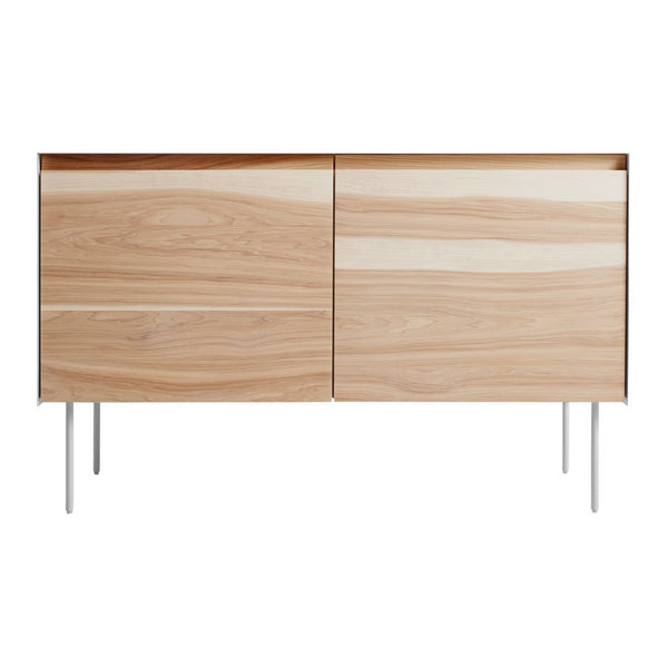 Natural wood grain sideboard in light beige tones with smooth, glossy accents on a sleek metal frame.
