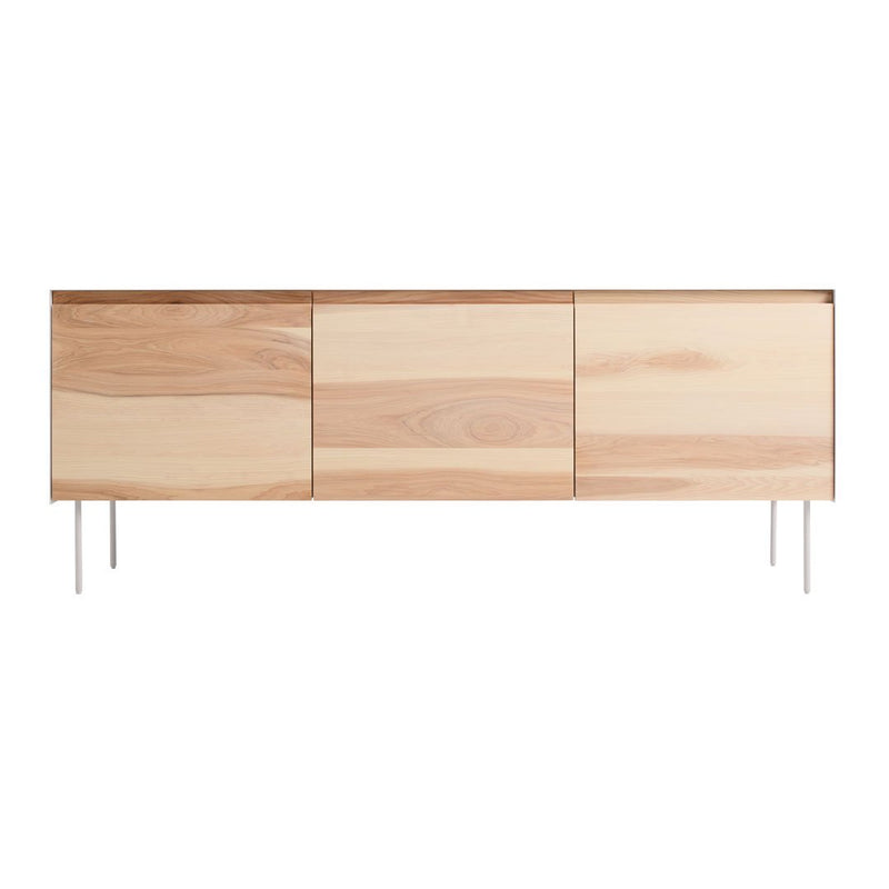 Natural wood sideboard in light beige tones with smooth finish and minimalist design, featuring a clean, modern aesthetic.