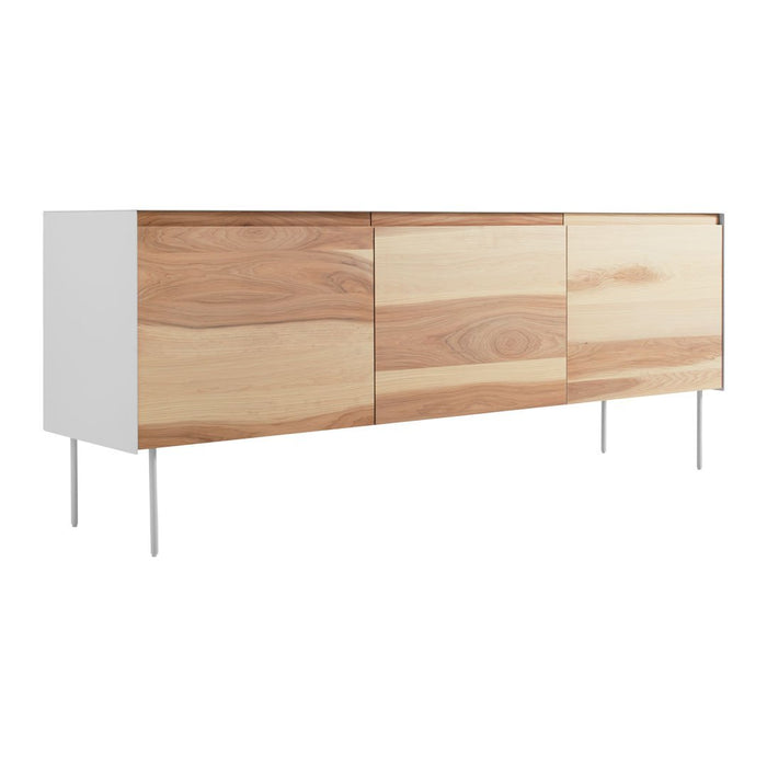 Modern sideboard featuring a sleek white body and natural wood grain patterns with warm beige tones.